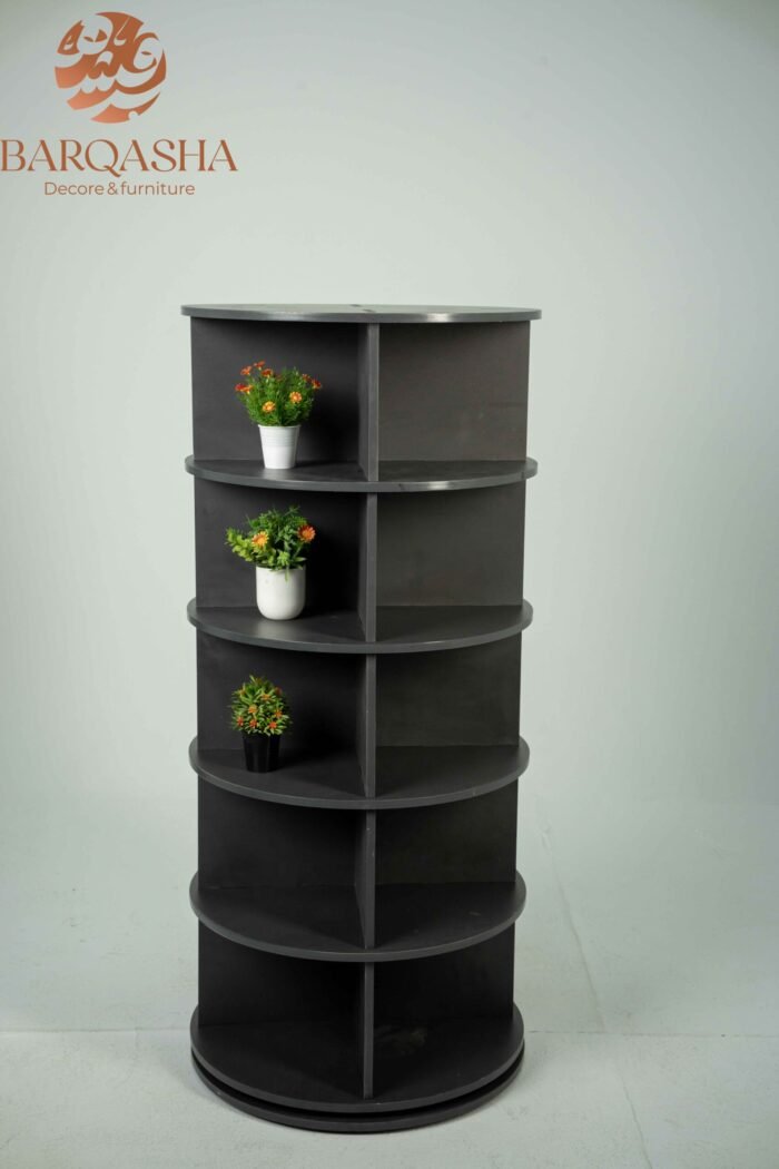 dark grey rotatable shoe storage contains decorative plants with a white background and logo barqasha