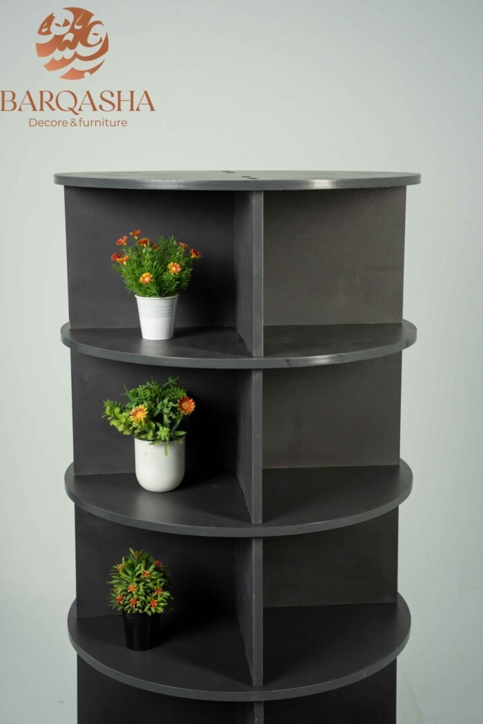 dark grey rotatable shoe storage contains decorative plants with a white background and logo barqasha