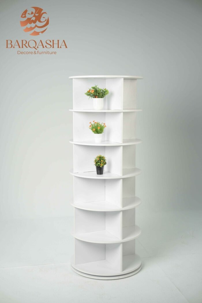 white rotatable shoe storage contains decorative plants with a white background and logo barqasha